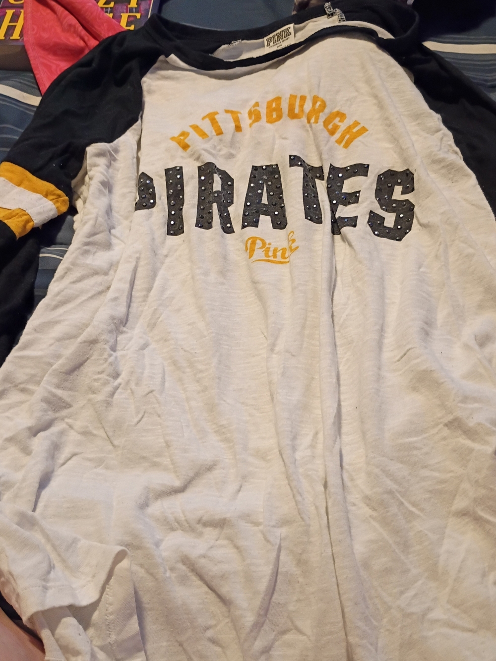 PINK Victoria's Secret Pittsburgh Pirates Girls' White & Black Raglan Tee